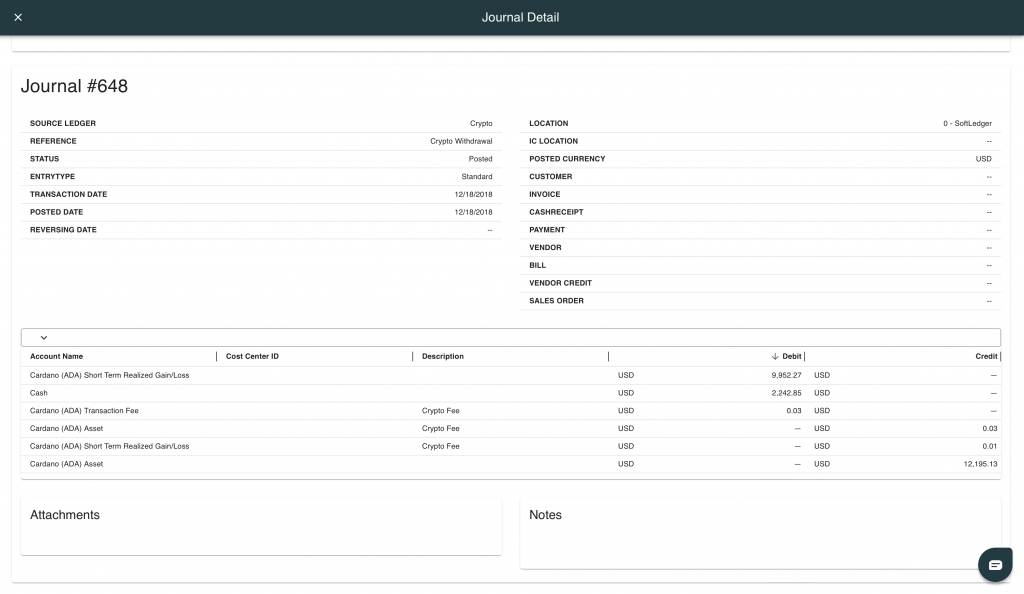 This image displays the journal detail page in SoftLedger which automatically gives you the total gain or loss and even creates the journal entry for you