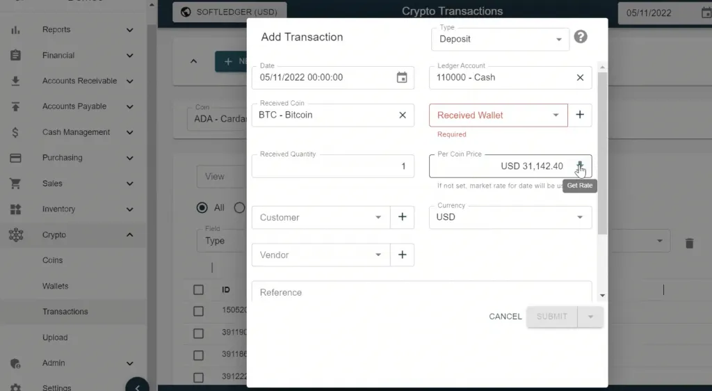 Step 4 when accounting for intangible assets in SoftLedger - automatically add the market rate by clicking the Per Coin Price download button