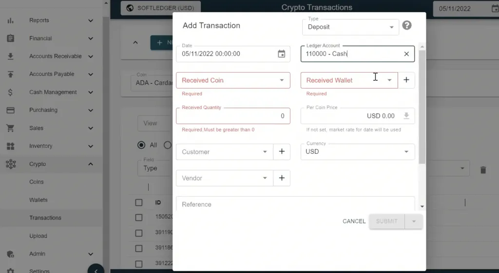 Step 2 when accounting for intangible assets in SoftLedger - record the transaction and set the ledger account to cash